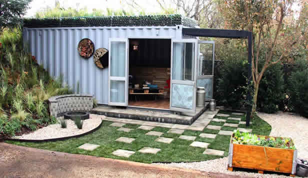 container she shed with bottle roof and landscape